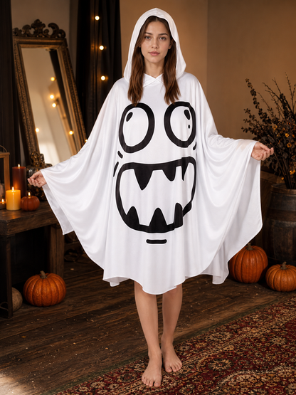 Halloween Ghost Costume, Hooded Poncho-Style Outfit With Cartoon Face, Wide Draped Sleeves For Parties And Themed Events