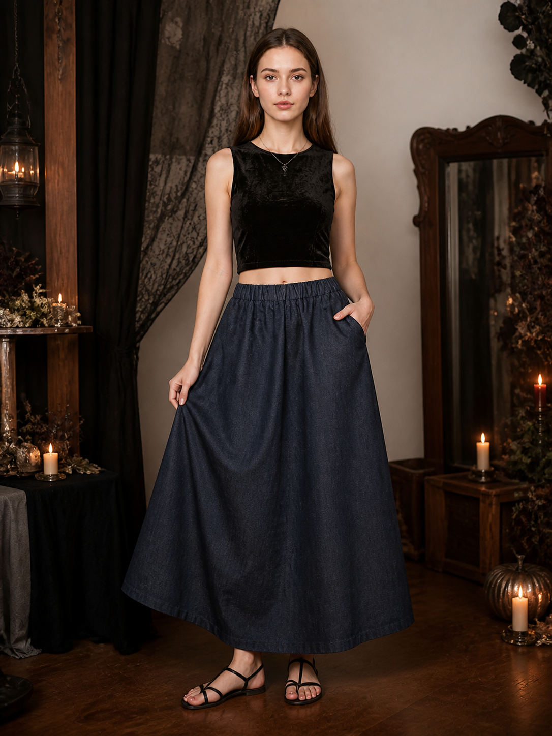 Dark blue wide leg pants with side pockets worn with a black sleeveless top in a dimly lit interior