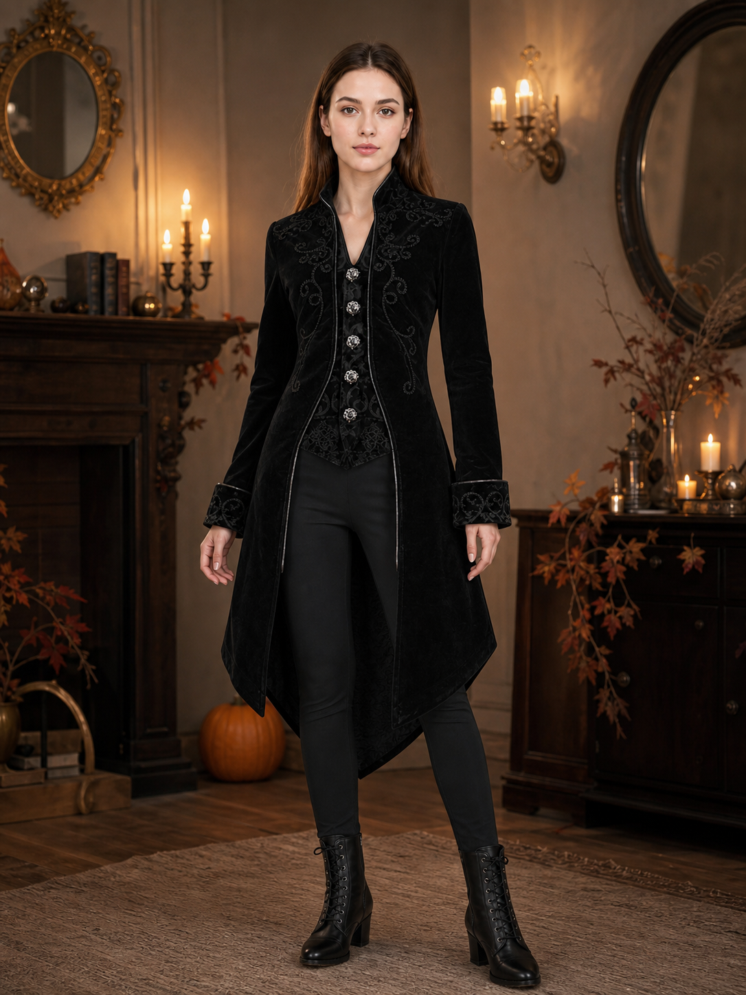 Black embroidered coat with a stand-up collar and pointed tails