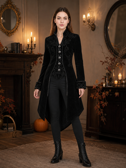 Black embroidered coat with a stand-up collar and pointed tails