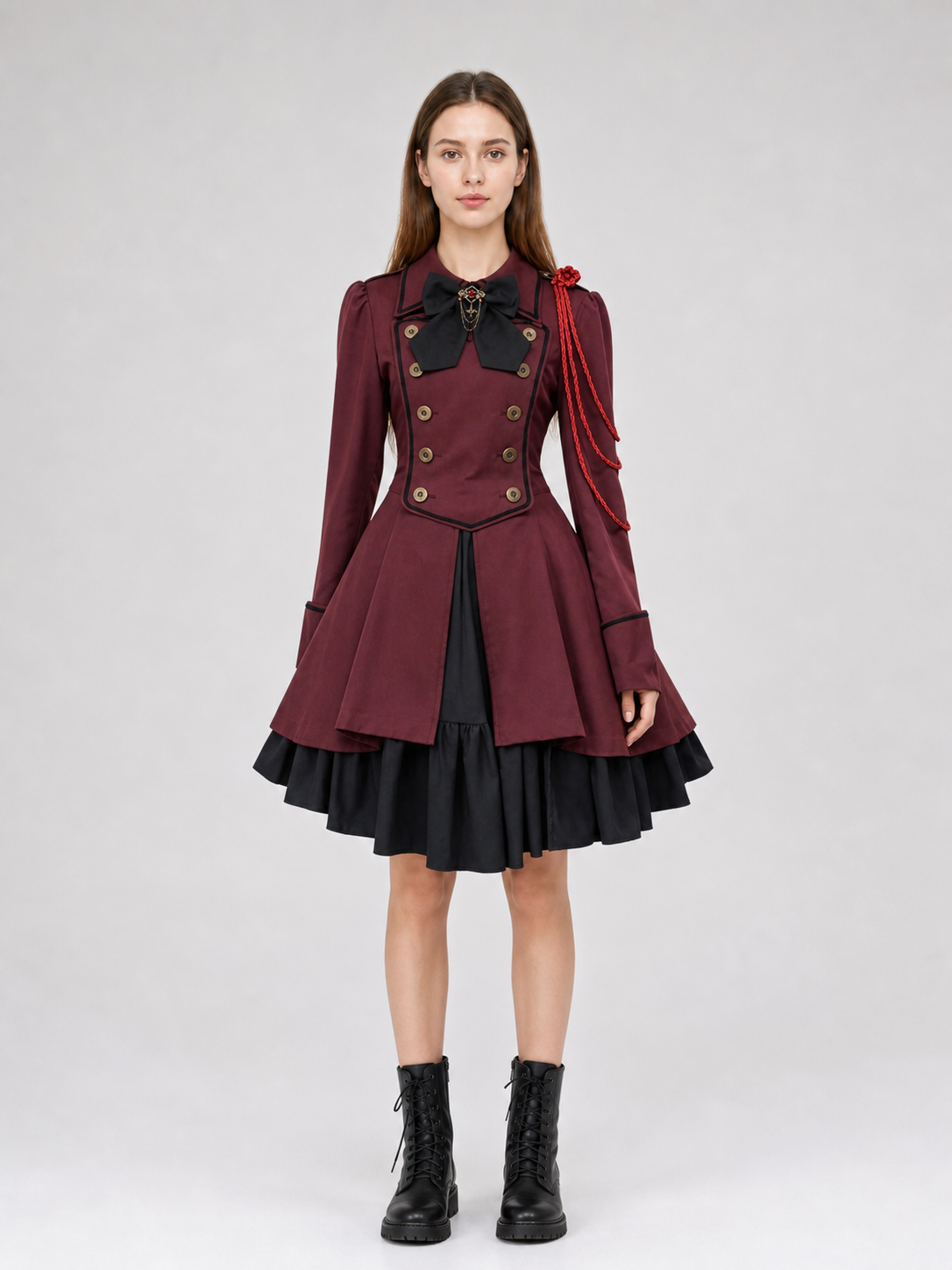 Gothic burgundy dress with sleeves and a bow