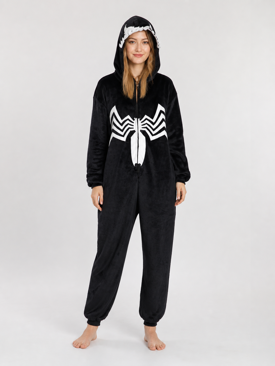 Hooded jumpsuit with zipper and spider print