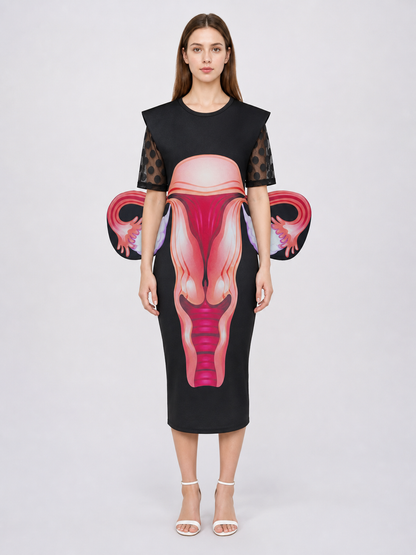 Midi Dress with Bold Print and Sleeves for a Party