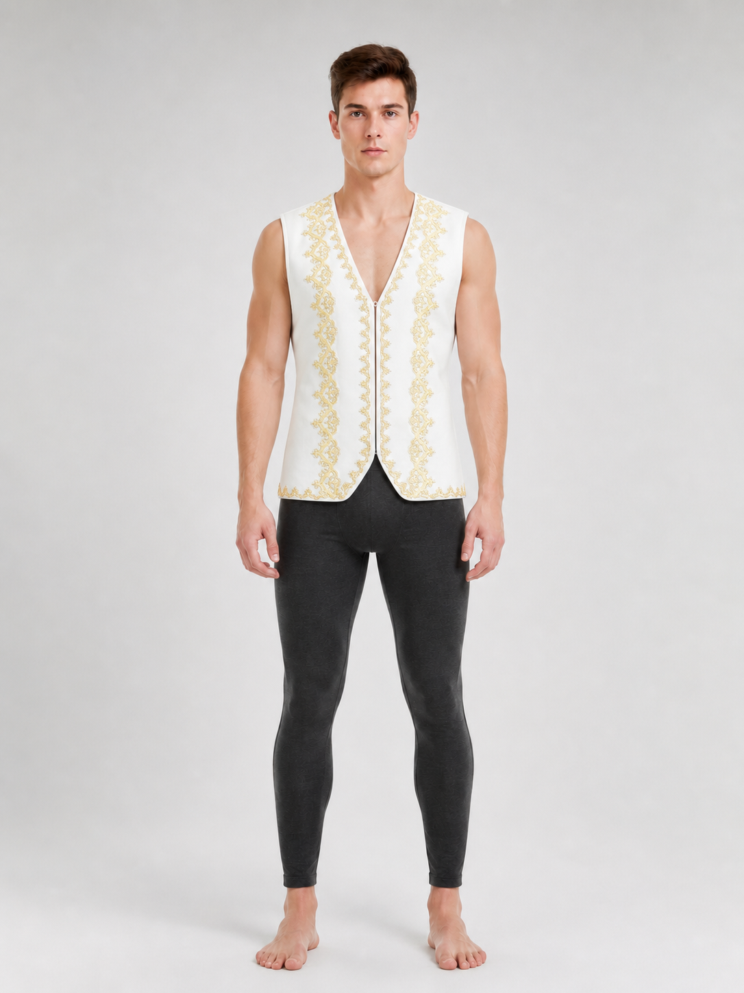 White Sleeveless Decorative Vest with Gold Trim