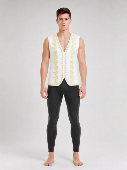 White Sleeveless Decorative Vest with Gold Trim