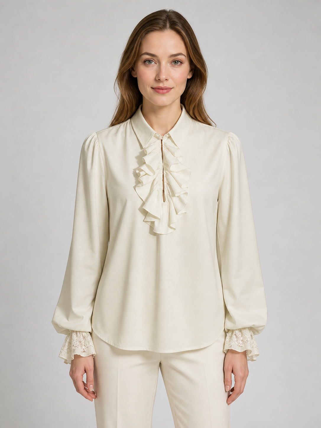 Cream Ruffled Blouse with Lace Cuffs