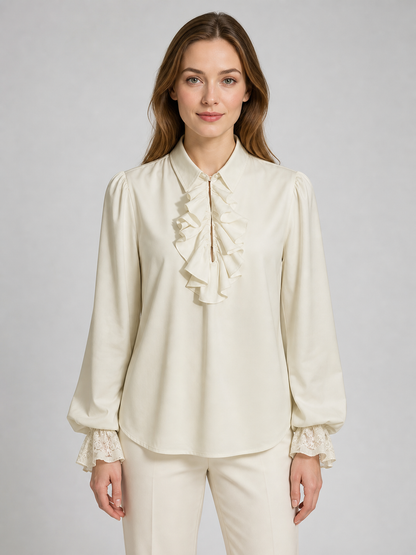 Cream Ruffled Blouse with Lace Cuffs
