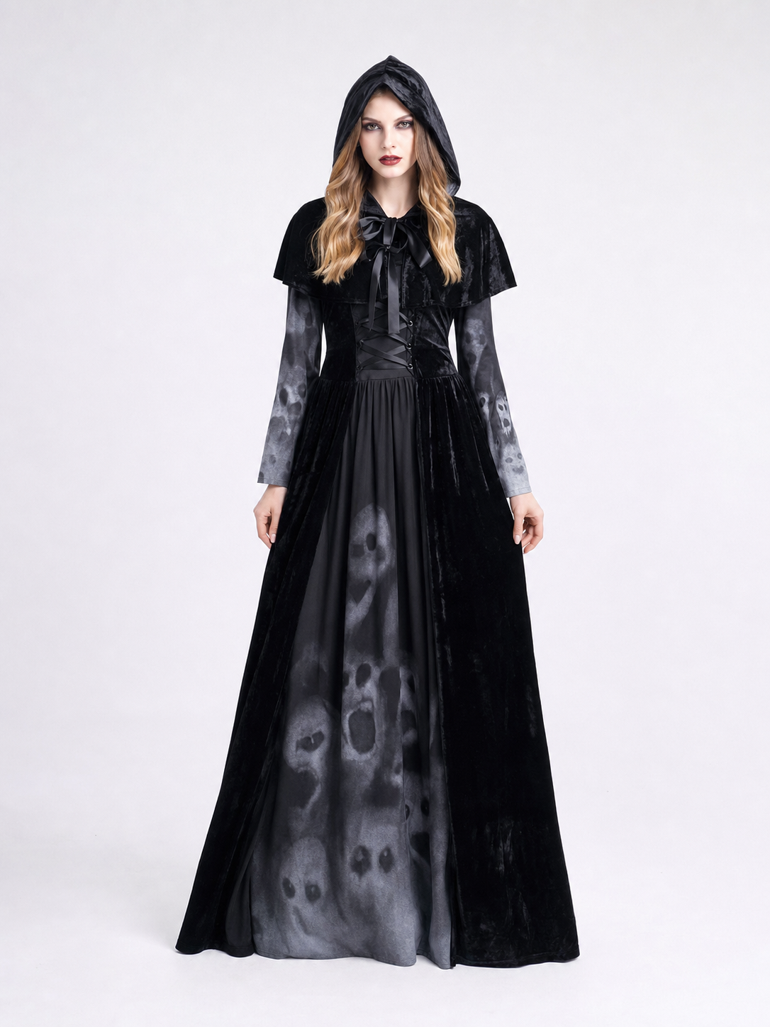 Gothic Hooded Floor-Length Dress with Skull Print