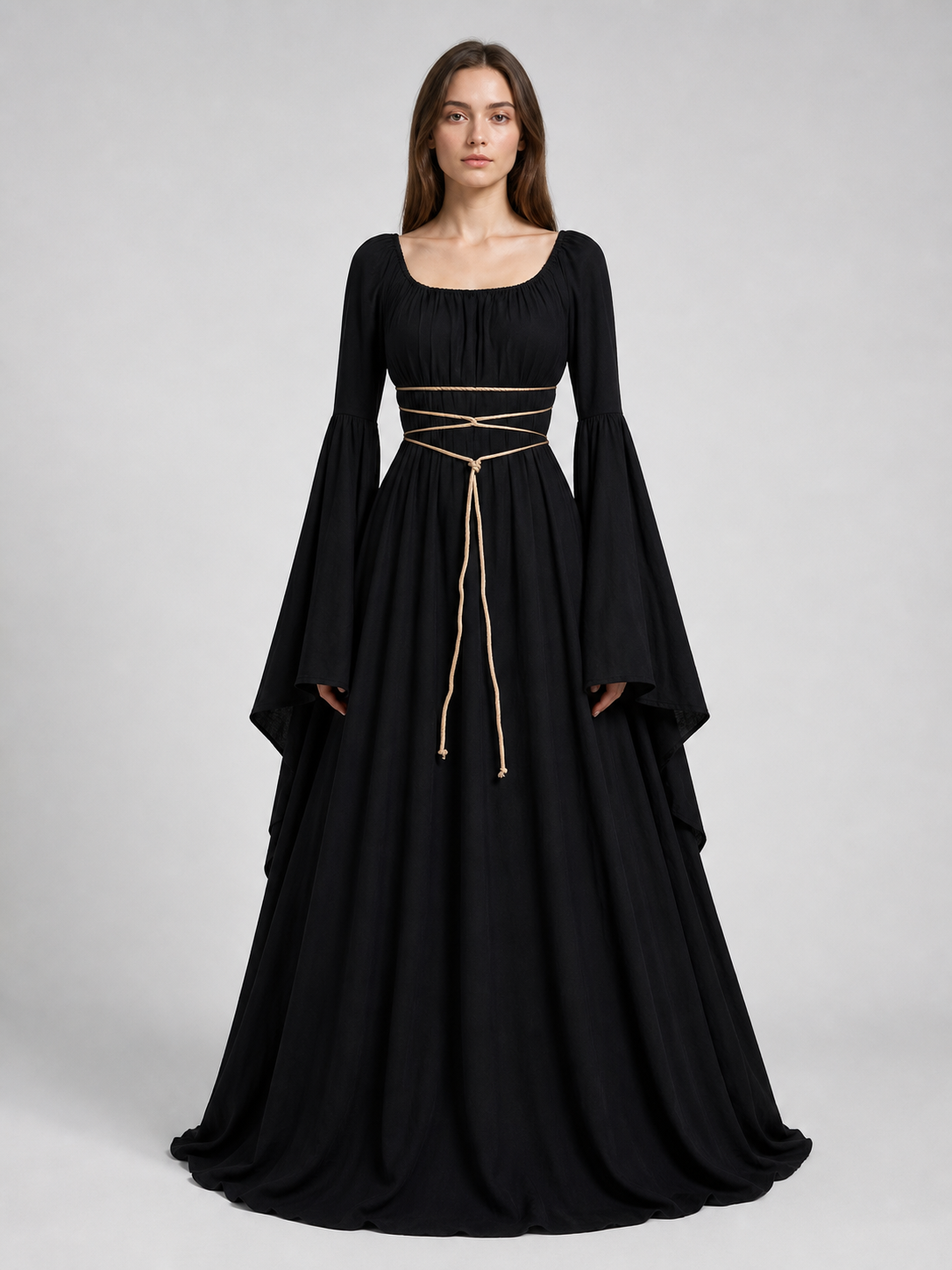 Elegant Floor-Length Dress with a Square Neckline and Flared Sleeves