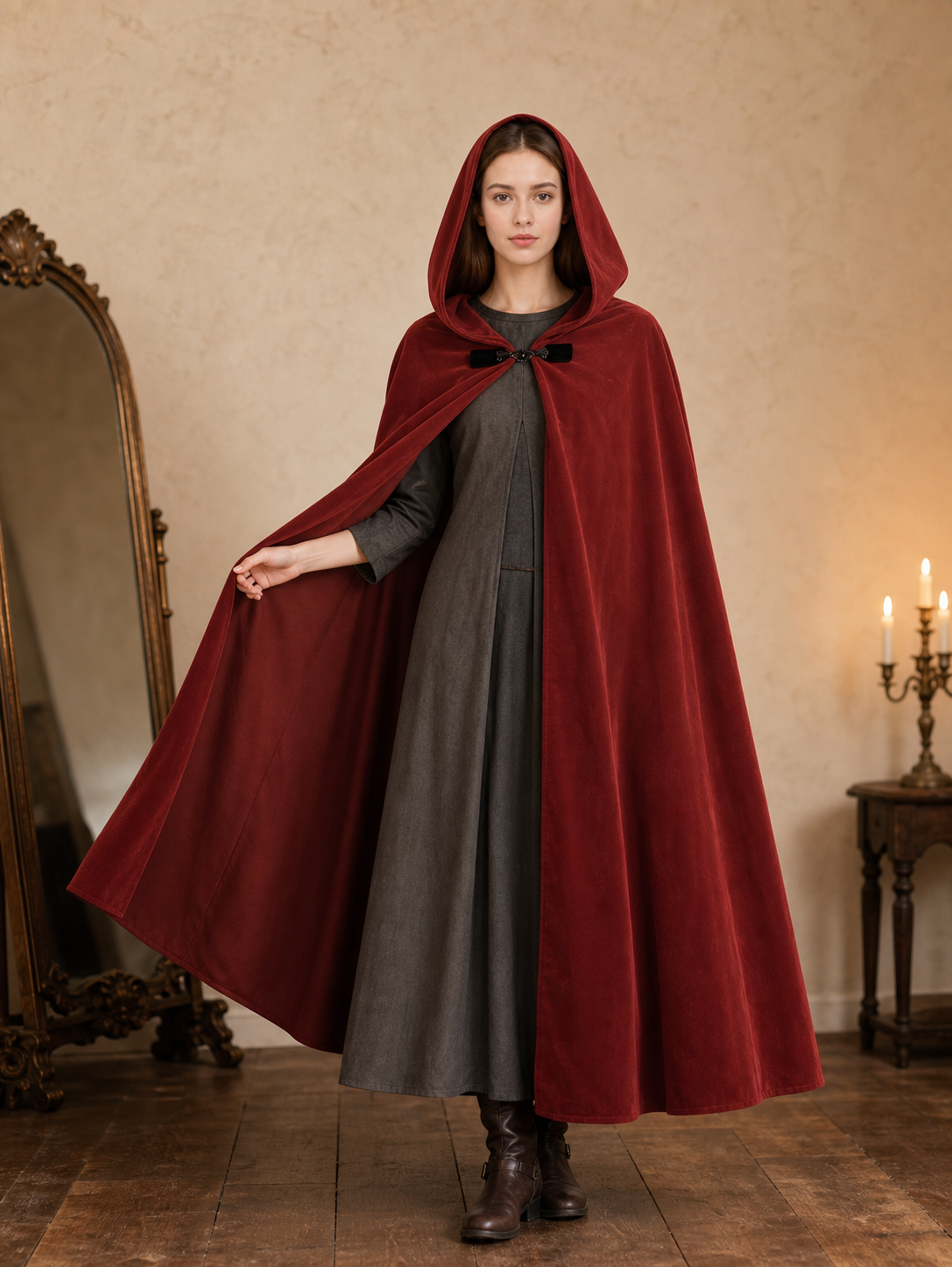 Medieval Hooded Cape with Oversized Hood, Burgundy Velvet-Like Flowing Cloak for Cosplay, Halloween, Themed Parties and Stage Performances