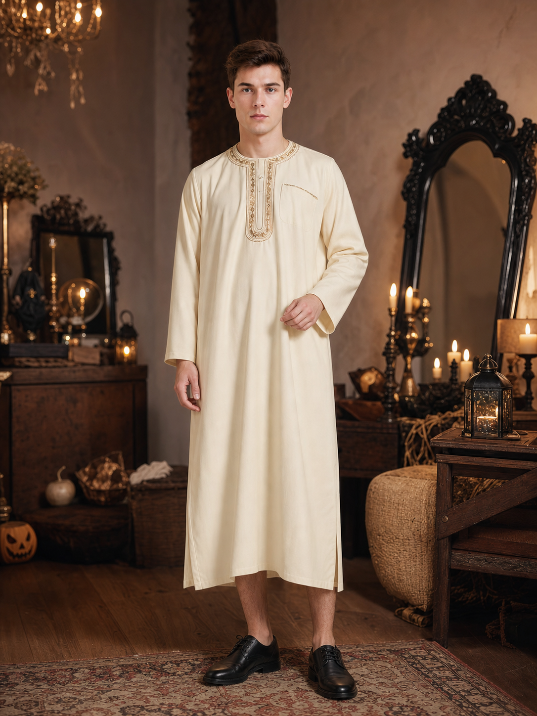 Men's Islamic-Inspired Long Tunic Robe, Embroidered Round Neck, Long Sleeve, Ankle-Length Loose Fit with Side Pocket