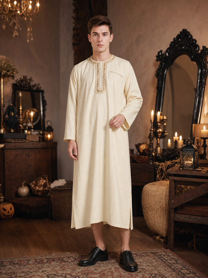 Men's Islamic-Inspired Long Tunic Robe, Embroidered Round Neck, Long Sleeve, Ankle-Length Loose Fit with Side Pocket