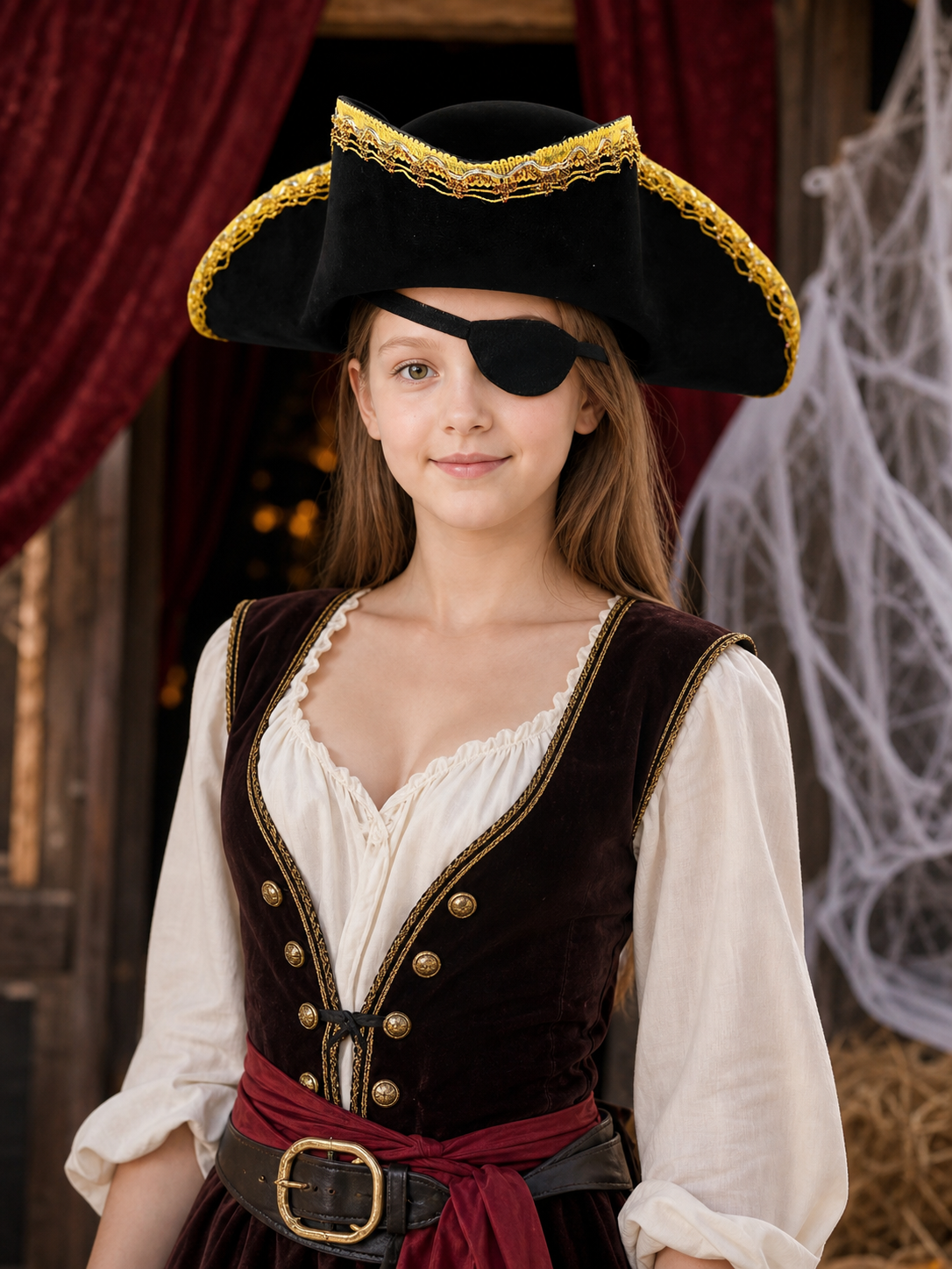 Children's black pirate tricorn hat with decorative gold trim for costume play and themed events