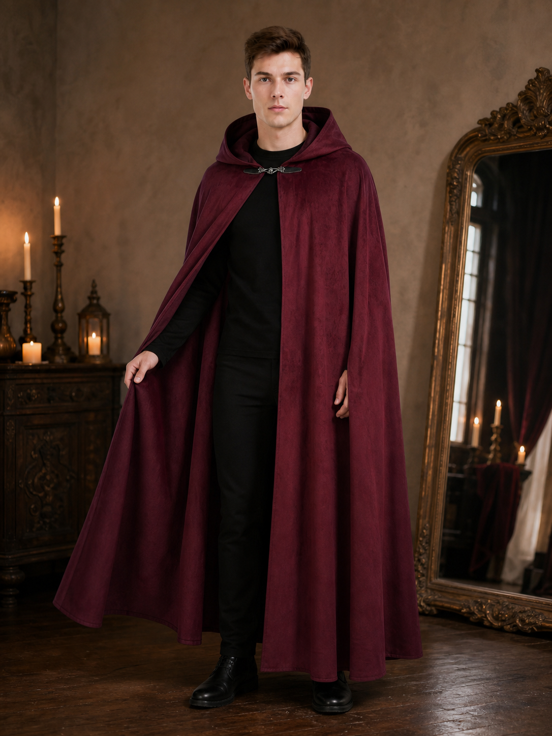 Long burgundy carnival cloak with hood