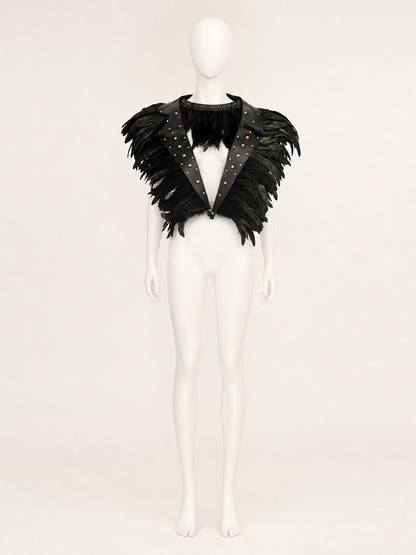 Halloween Costume Accessory Black Feather Trim Collar with Gold Studs Pointed on-model view