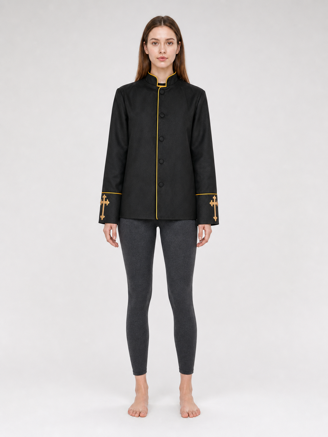 Black stand-collar jacket with gold trim