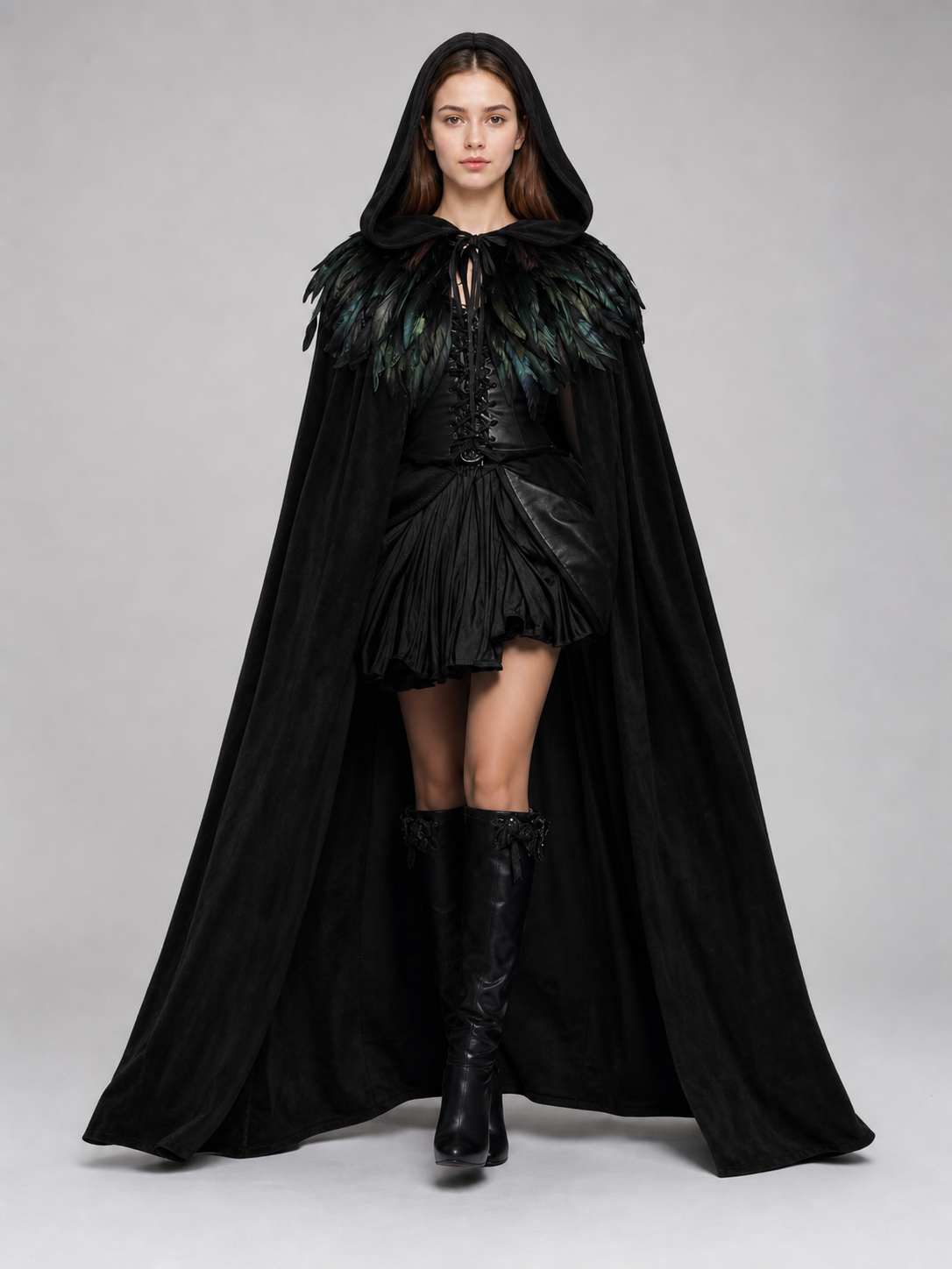 Black Velvet Hooded Cape with Feathers
