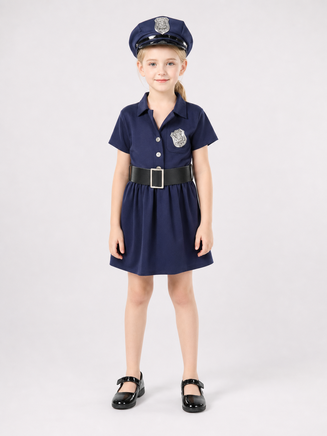 Children’s police costume dress, cap, belt