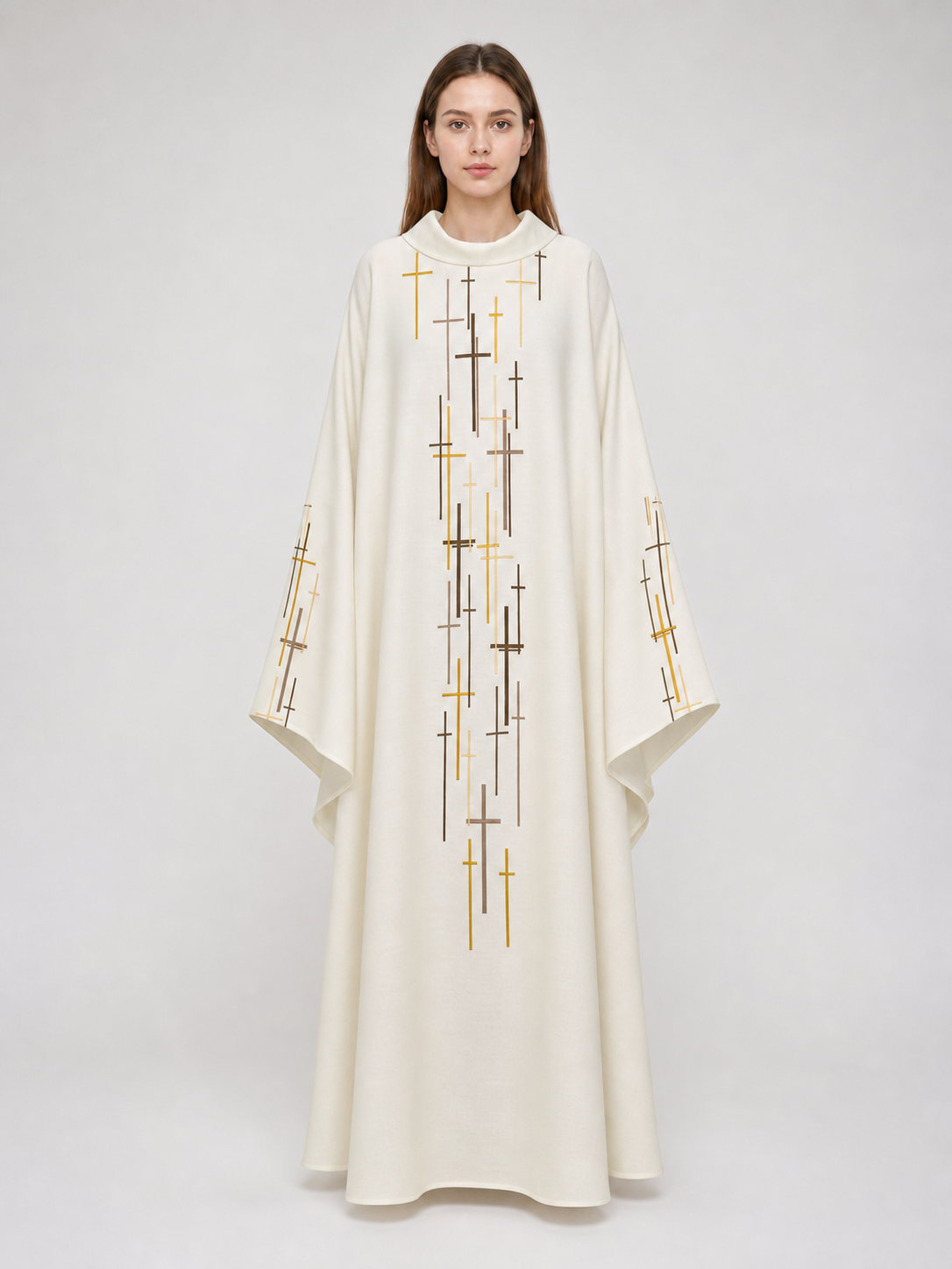 Ceremonial robe in a formal ecclesiastical style. This style features a loose flowing silhouette, a high stand collar, and wide draping sleeves that create a striking look for ceremonies and formal events. The front and sleeves are decorate