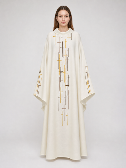 Ceremonial robe in a formal ecclesiastical style. This style features a loose flowing silhouette, a high stand collar, and wide draping sleeves that create a striking look for ceremonies and formal events. The front and sleeves are decorate