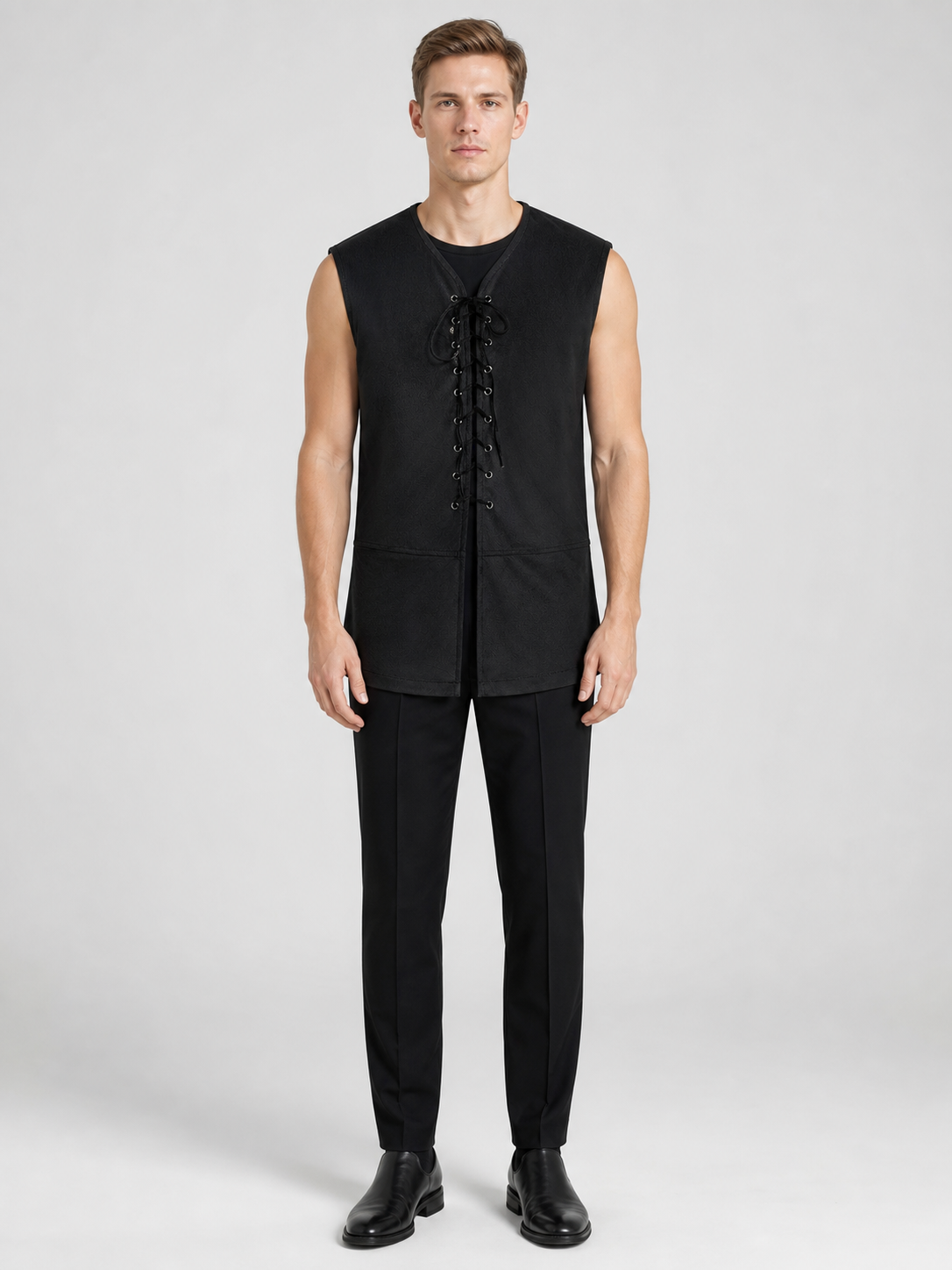 Black Long Lace-Up Vest with V-Neck