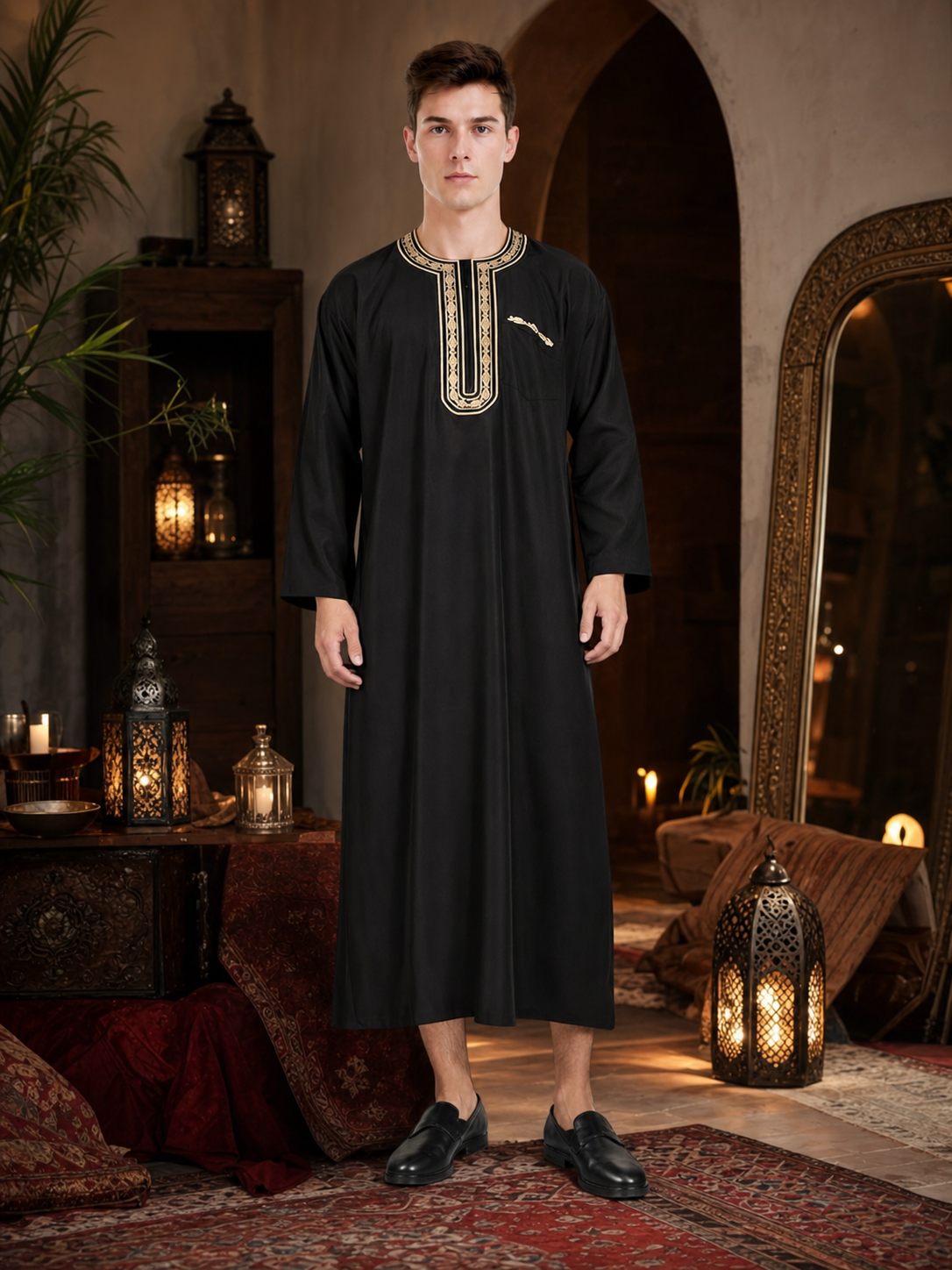 Men's Traditional Muslim-Inspired Long Robe, Black Full-Length Loose-Fit Tunic with Gold-Tone Embroidered Trim for Formal Wear