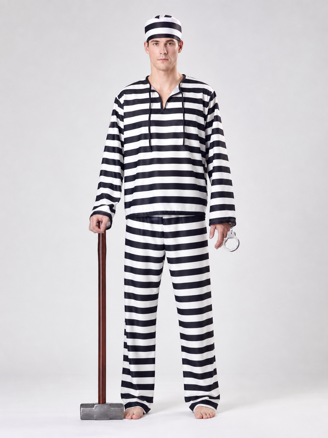 Striped Prisoner Costume with Cap and Handcuffs
