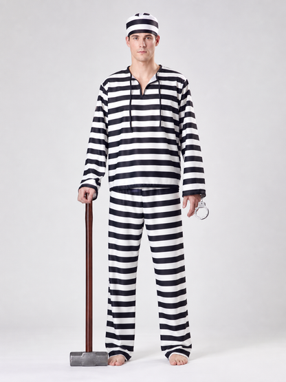 Striped Prisoner Costume with Cap and Handcuffs