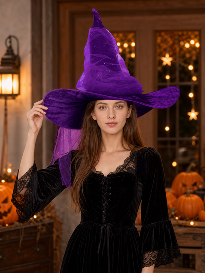 Purple Halloween Witch Hat for Women and Men, Tall Pointed Wide Floppy Brim with Layered Sheer Mesh Draping and Glitter-Like Specks for Cosplay Costume Party
