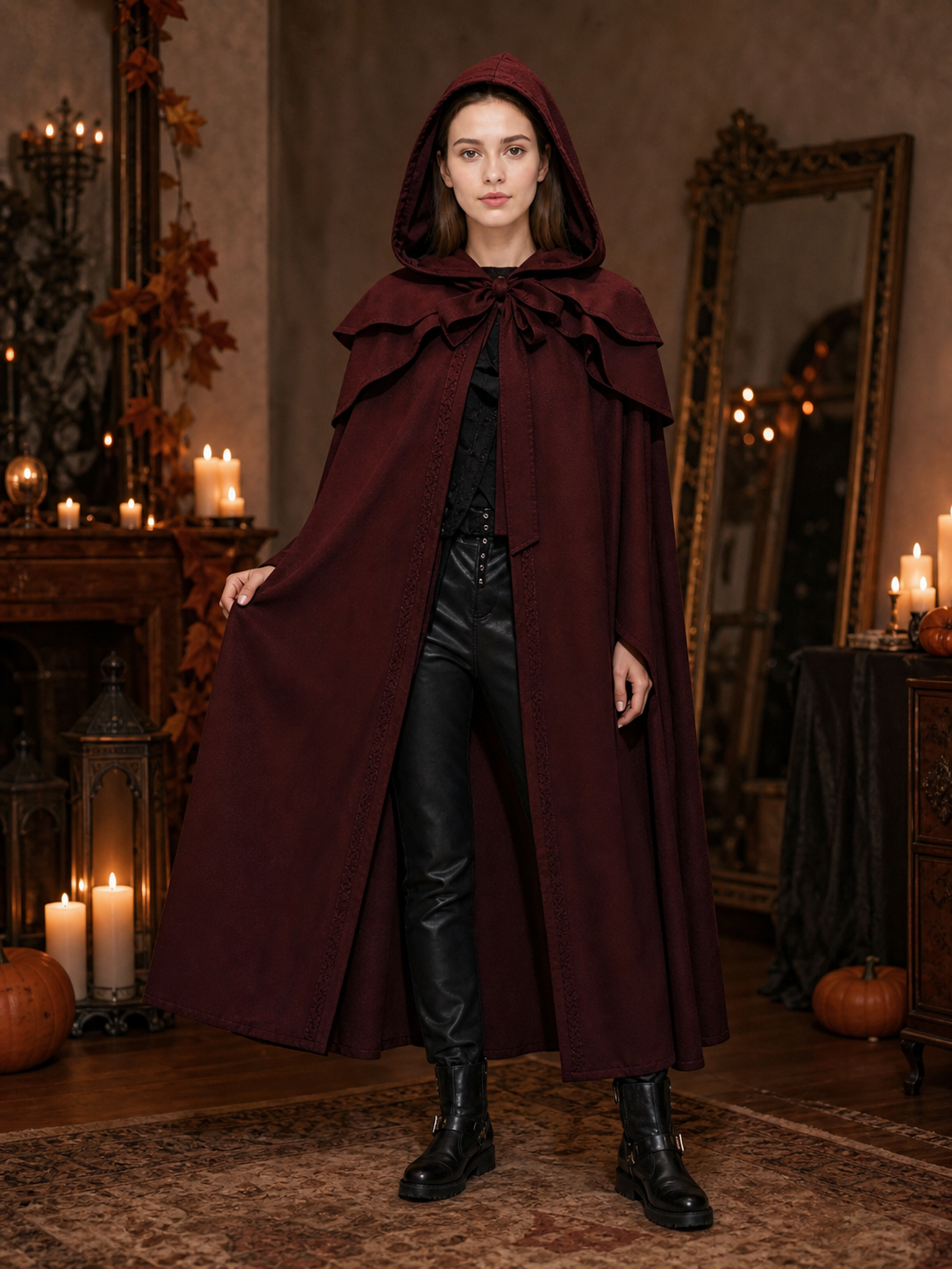 Medieval Gothic Hooded Cloak, Burgundy