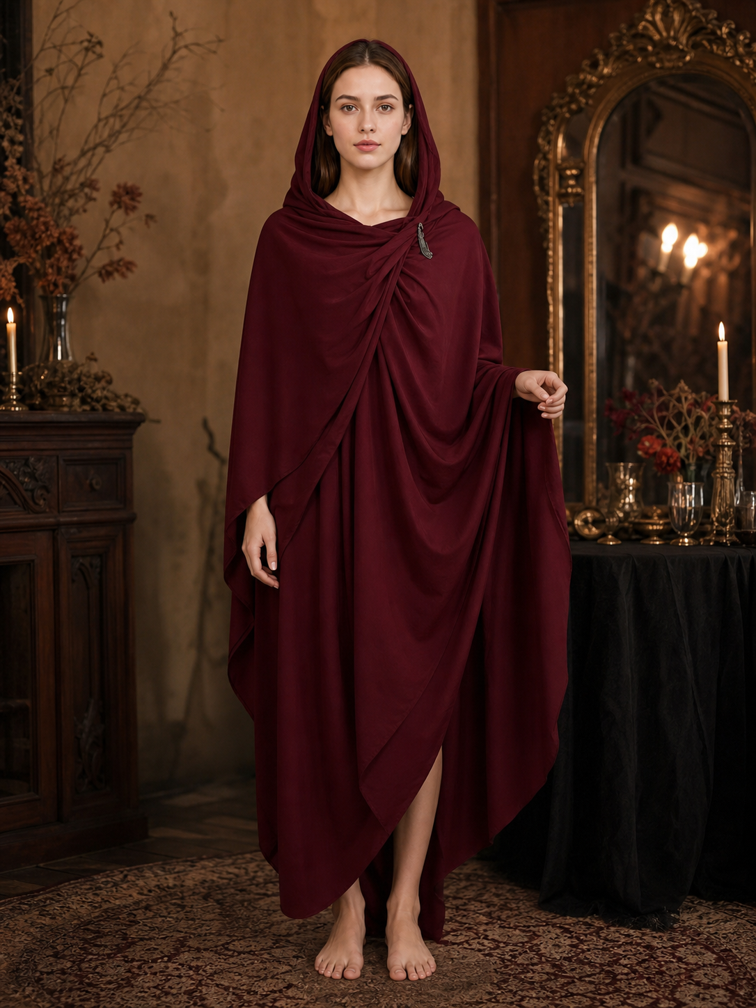 Burgundy hooded cloak with gathered front, modeled full length by a woman in a dim candlelit interior