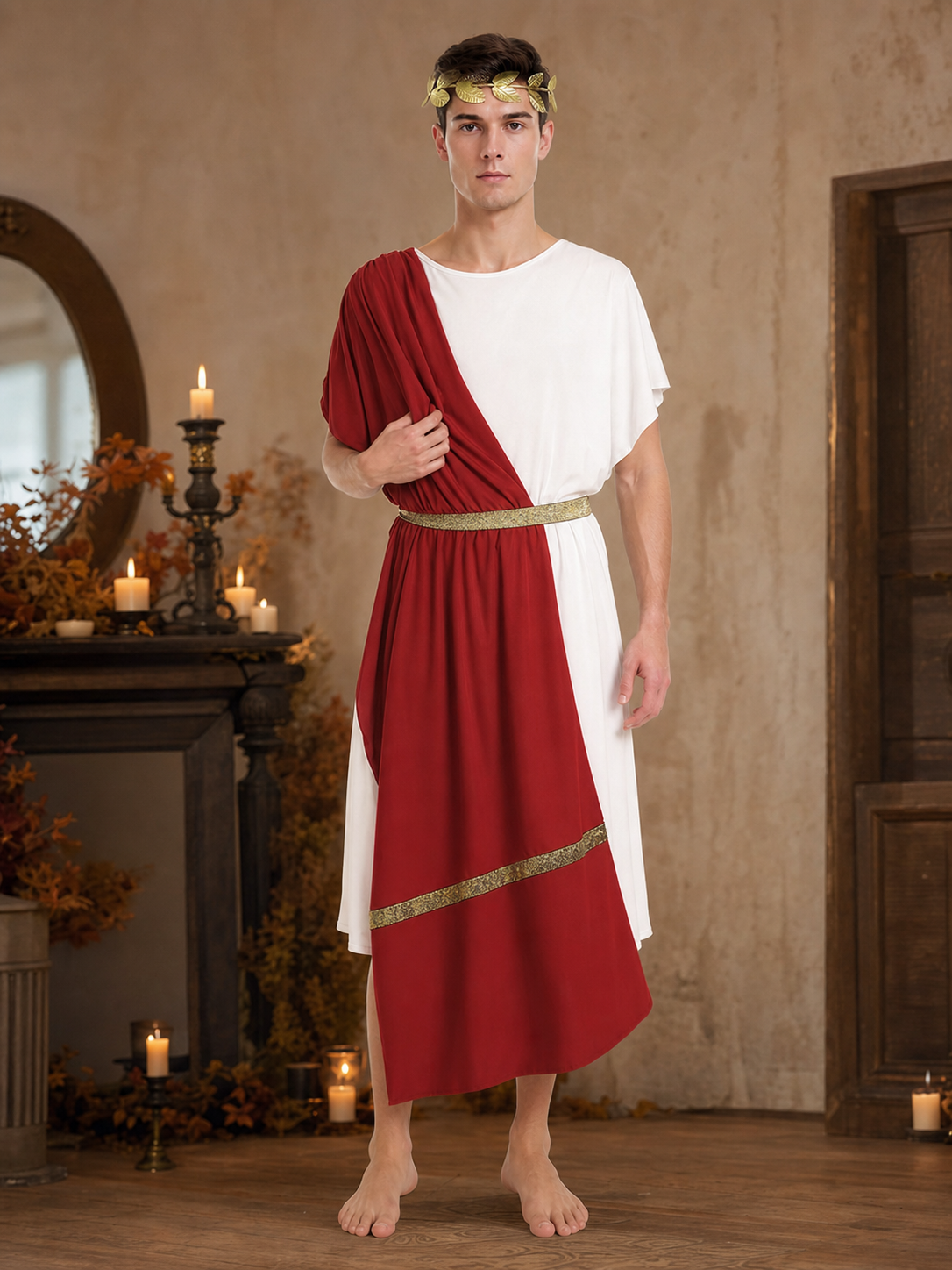 Men's Ancient Greek Costume, Red And White Draped Tunic With Gold Belt And Laurel Headpiece For Cosplay, Stage Events