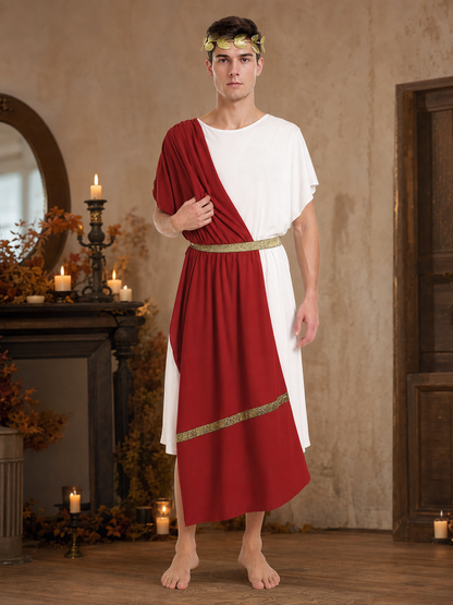Men's Ancient Greek Costume, Red And White Draped Tunic With Gold Belt And Laurel Headpiece For Cosplay, Stage Events
