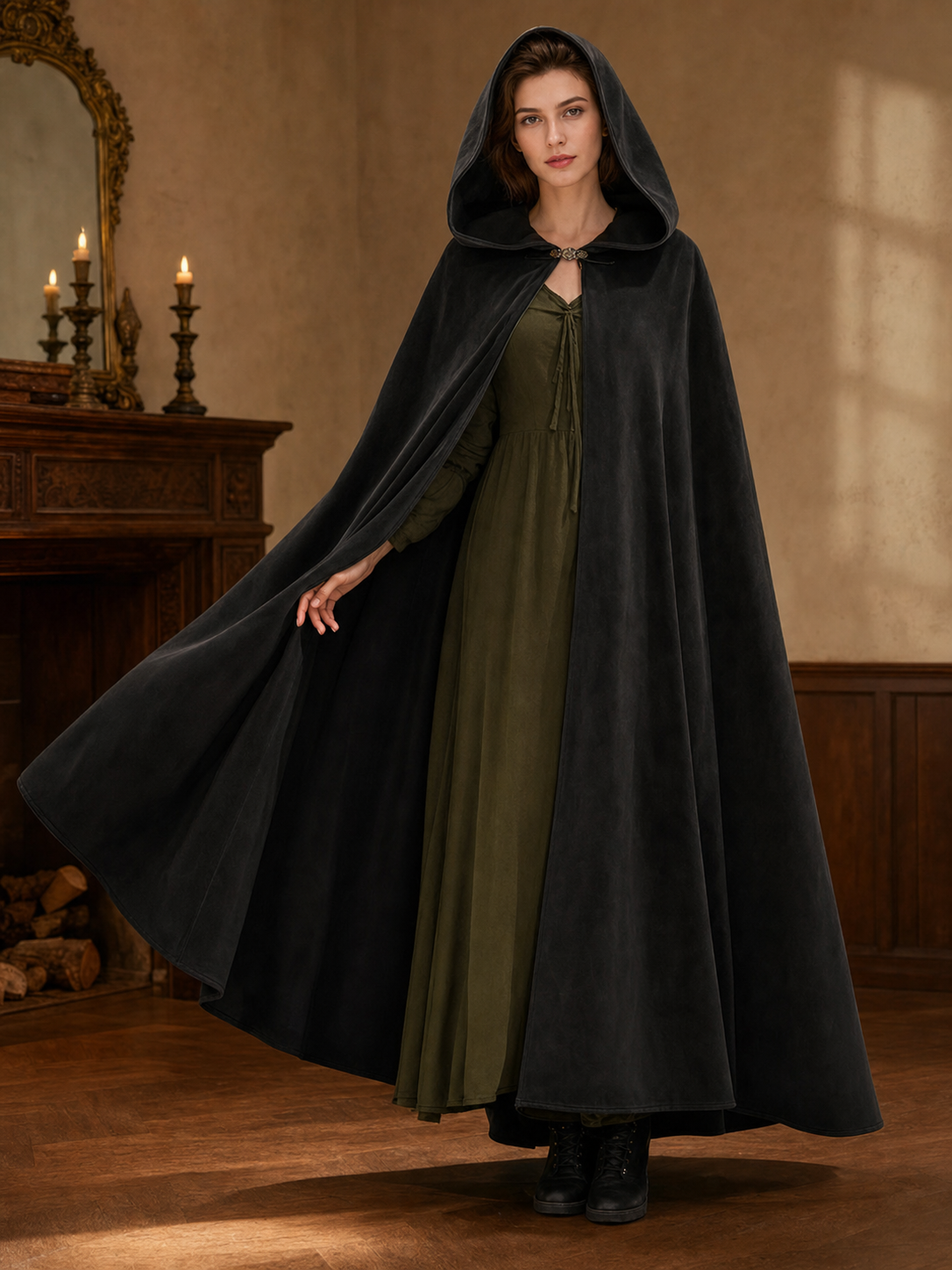 Long black hooded costume cloak