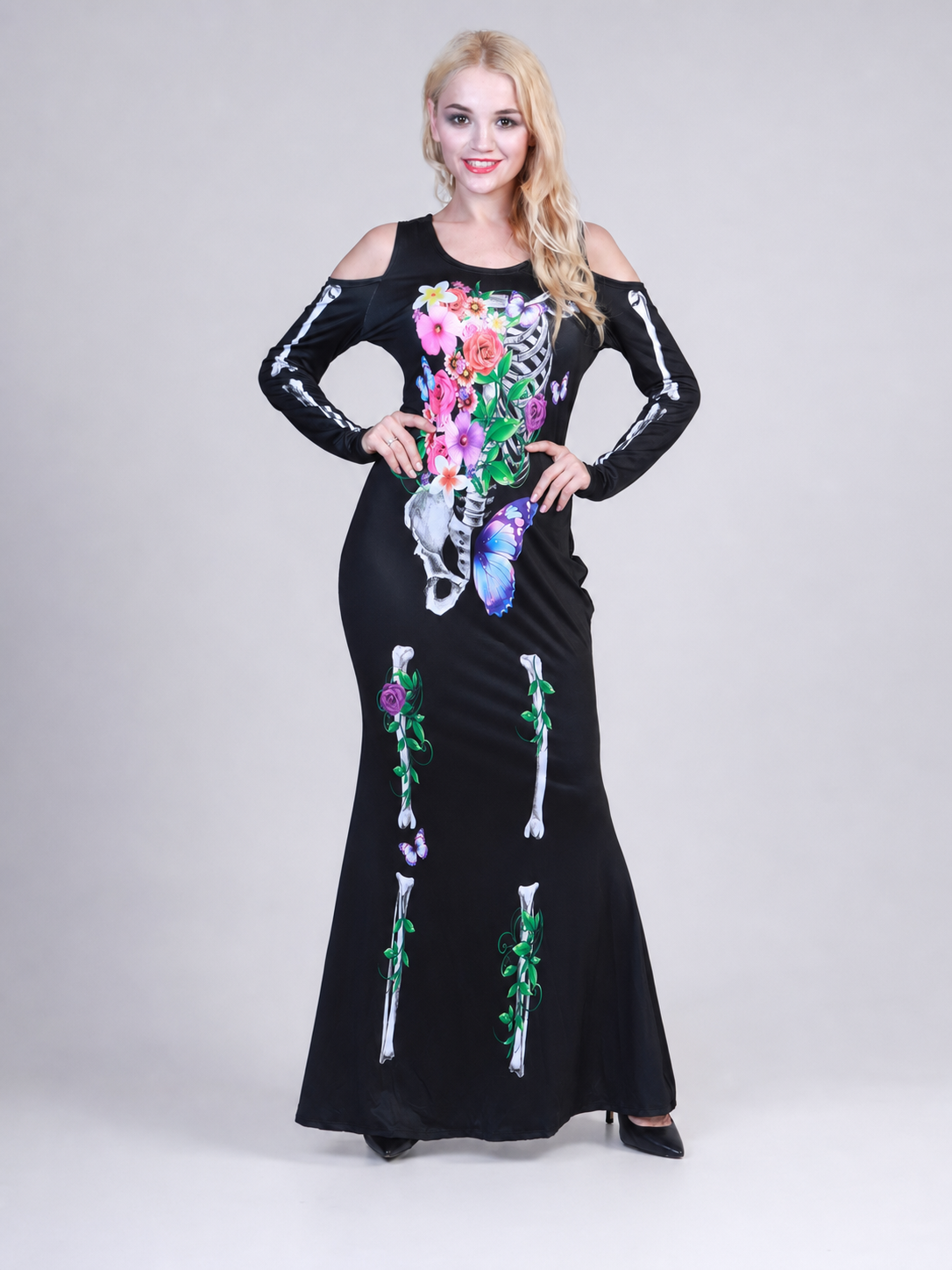 Sleeved Maxi Dress with Gothic Skeleton Print