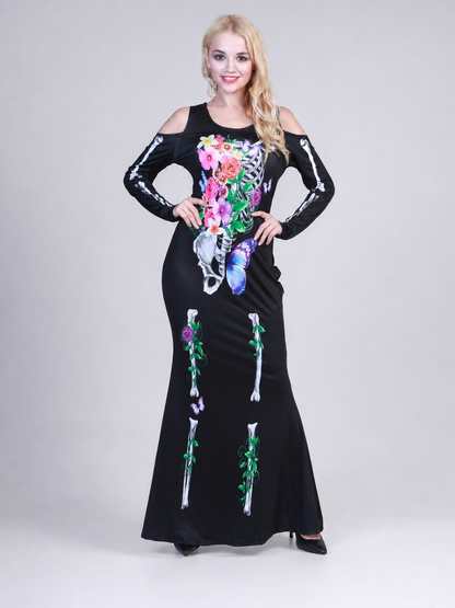 Sleeved Maxi Dress with Gothic Skeleton Print