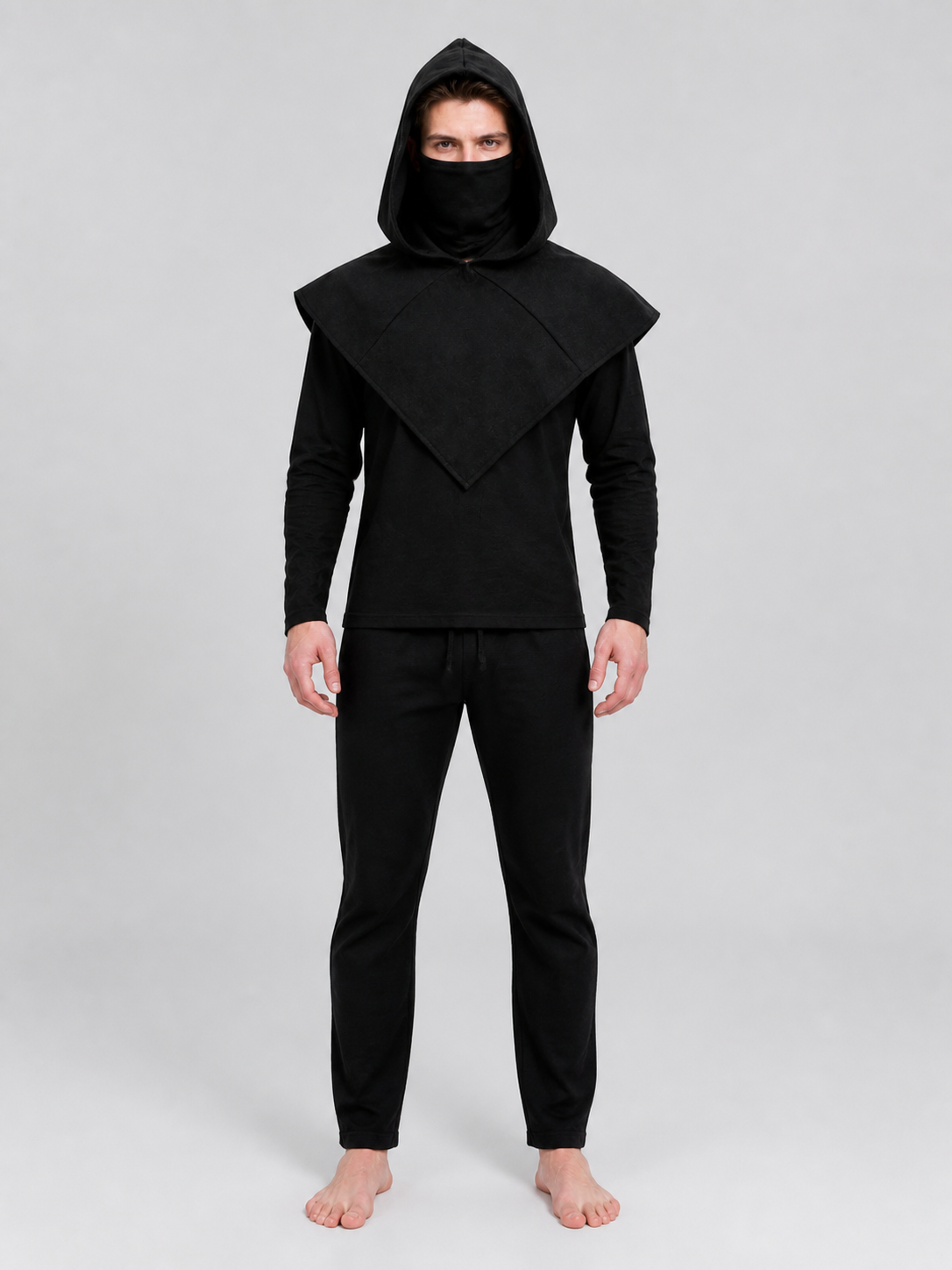 Black Carnival Cloak with Hood and Mask on-model view
