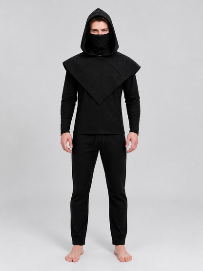 Black Carnival Cloak with Hood and Mask on-model view