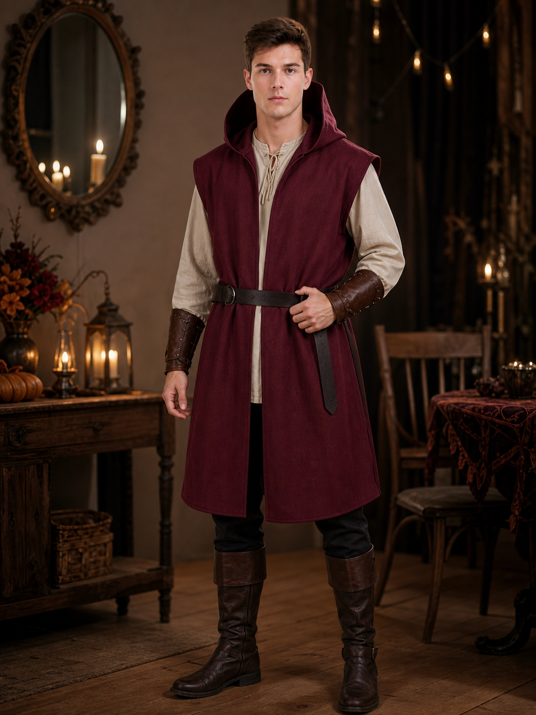 Medieval Fantasy Cosplay Costume Sleeveless Hooded Burgundy Robe Vest, Long Open Front Outer Garment for Role Play Stage Performance