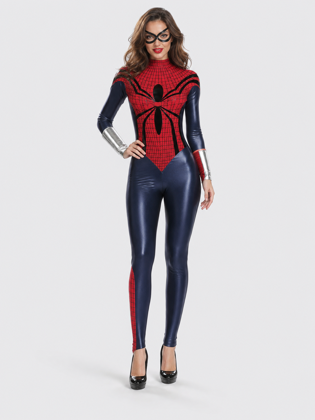 Superhero cosplay bodysuit with spider print and mask