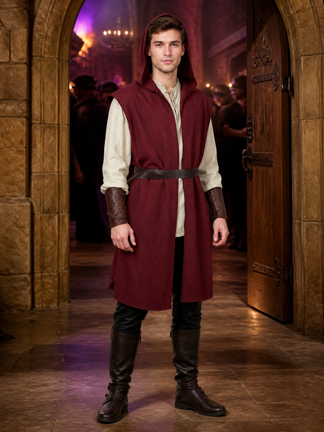 Adult Medieval Fantasy Hooded Cape, Wine Red Sleeveless Long Split-Hem Cloak on-model view 2