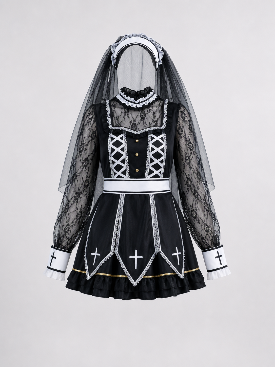 Gothic costume with veil, crosses, and corset