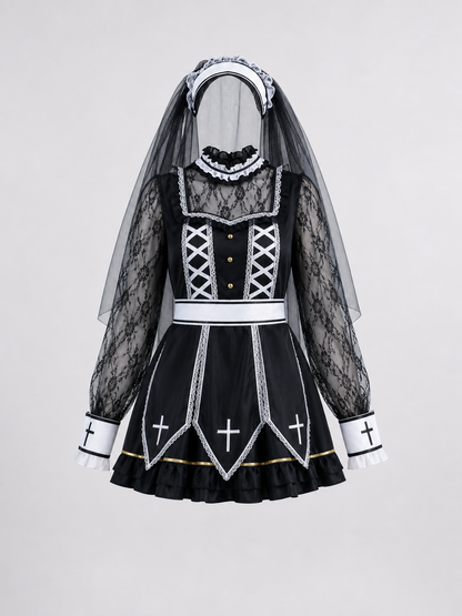 Gothic costume with veil, crosses, and corset
