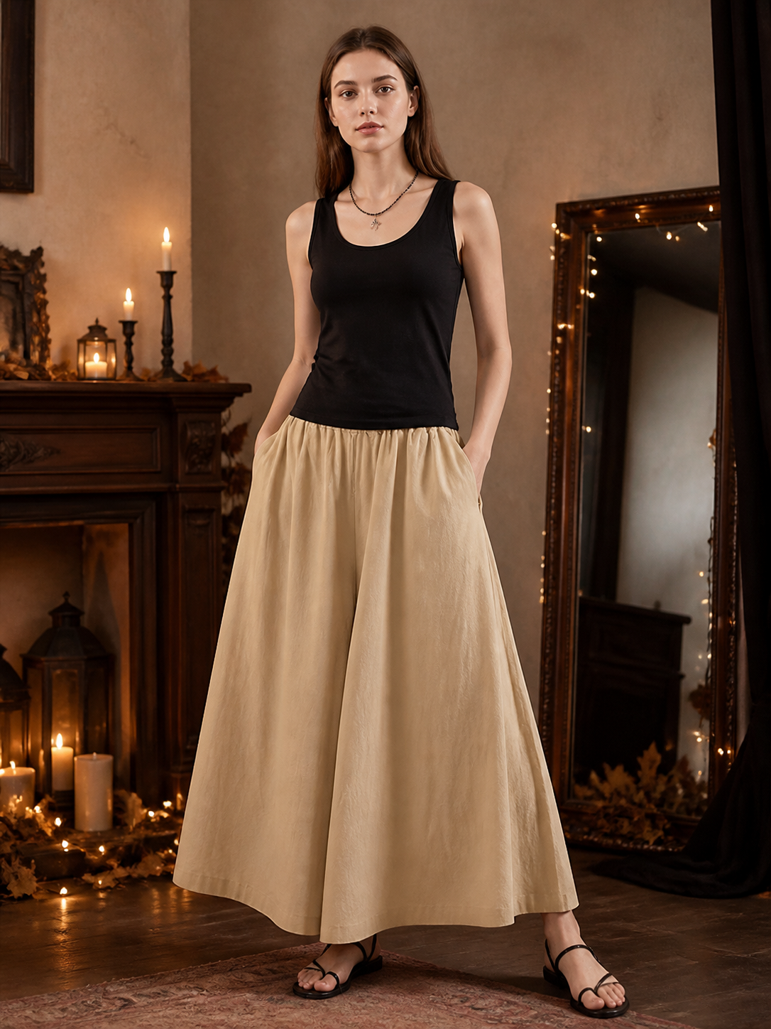 Apricot Wide Leg Pants, Elastic Waist Long Trousers with Two Side Pockets on-model view