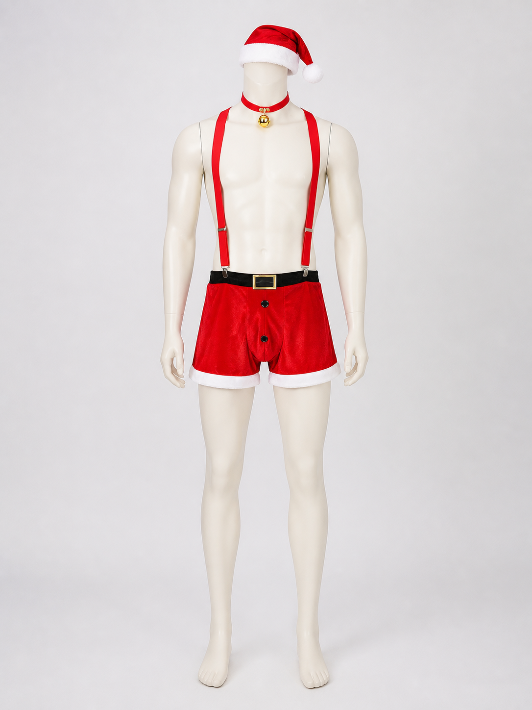 Red and White Christmas Santa Costume Set with Shorts, Suspenders, Hat, Belt on-model view