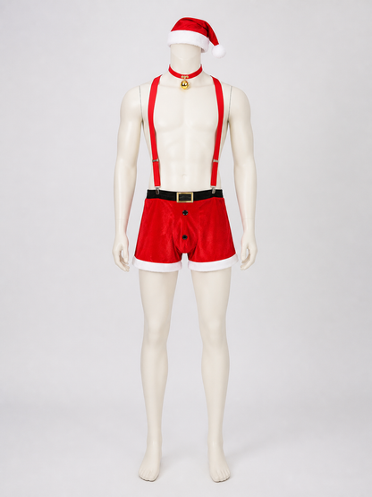 Red and White Christmas Santa Costume Set with Shorts, Suspenders, Hat, Belt on-model view