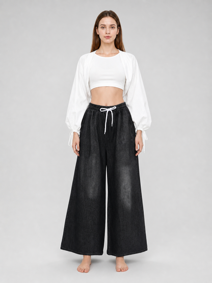 Solid Black Wide-Leg Pants with Elastic Waist and Contrast White Drawstrings on-model view 2