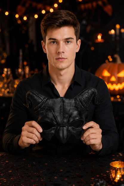 1pc Halloween Horned Demon Half Face Mask, Black Sculpted Design for Cosplay Party