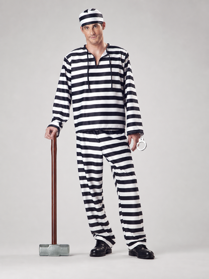 Striped prisoner costume with cap and handcuffs