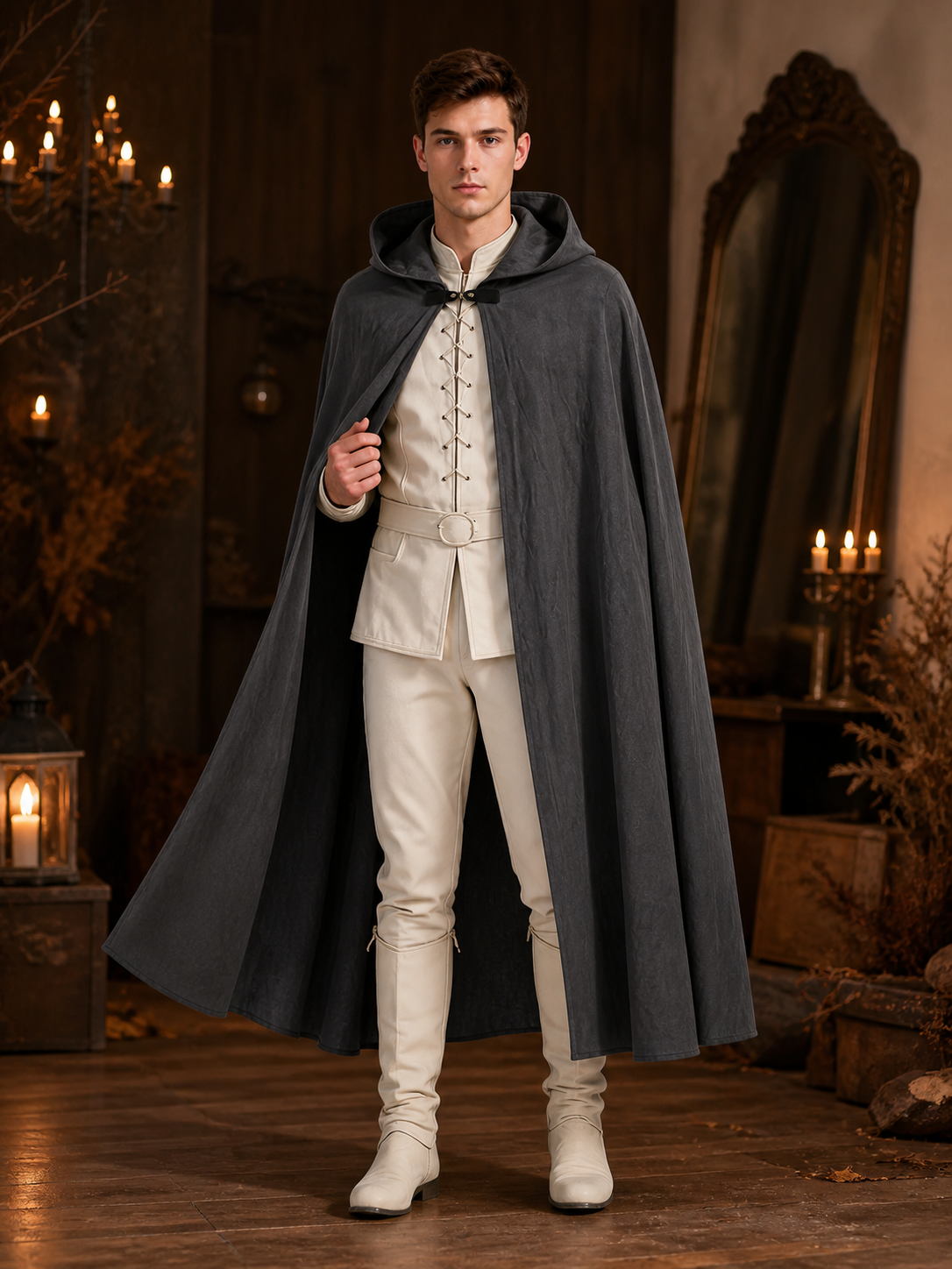 Adult Fantasy Hooded Cape, Long Dark Gray Cloak With Front Tie Closure, Wide on-model view